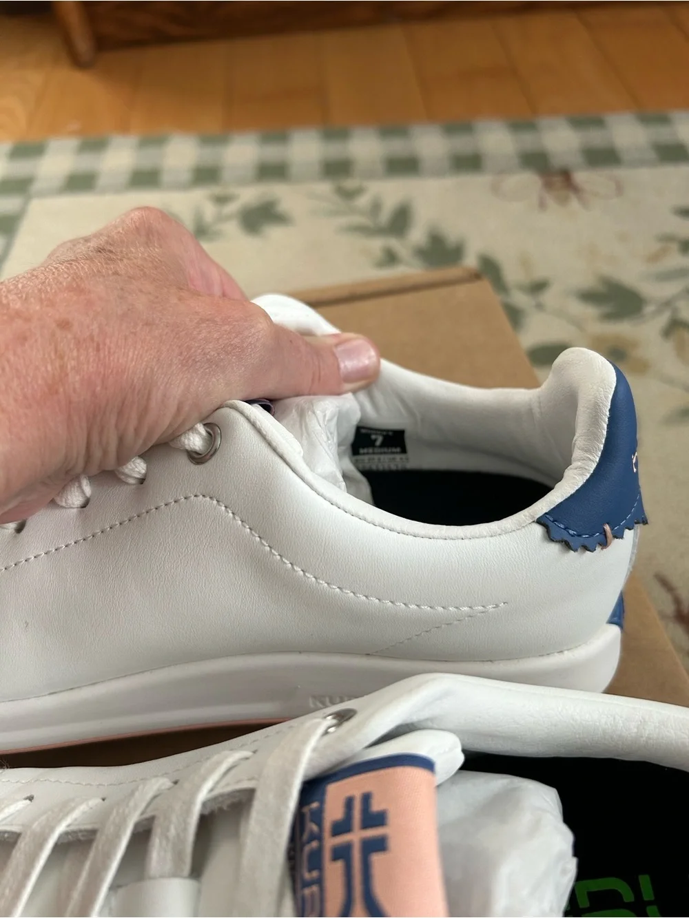 KURU White Sneakers with Navy Heel and Pink Trim